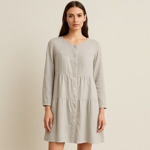 Match Point USA Linen Button Tunic Dress Tiered Long Sleeve M Lagenlook Gray